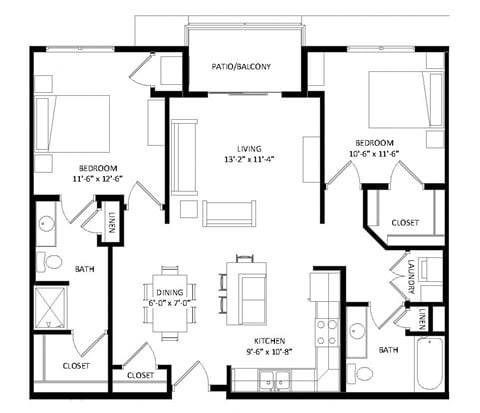 Floor plan for 2 beds, 2 baths, 1104 sqft
